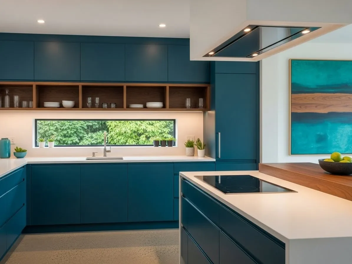 Teal blue kitchen cabinets with walnut details.