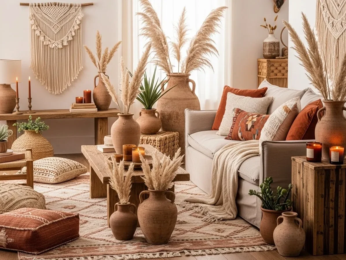 “Earthy boho living room with terracotta colors, clay pots and natural desert décor.”