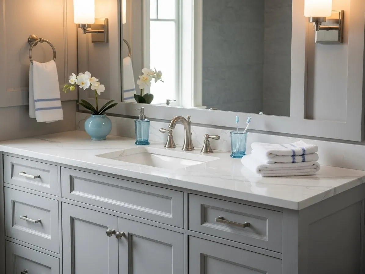 A modern coastal setup using beach bathroom ideas with soft gray cabinetry and white surfaces.