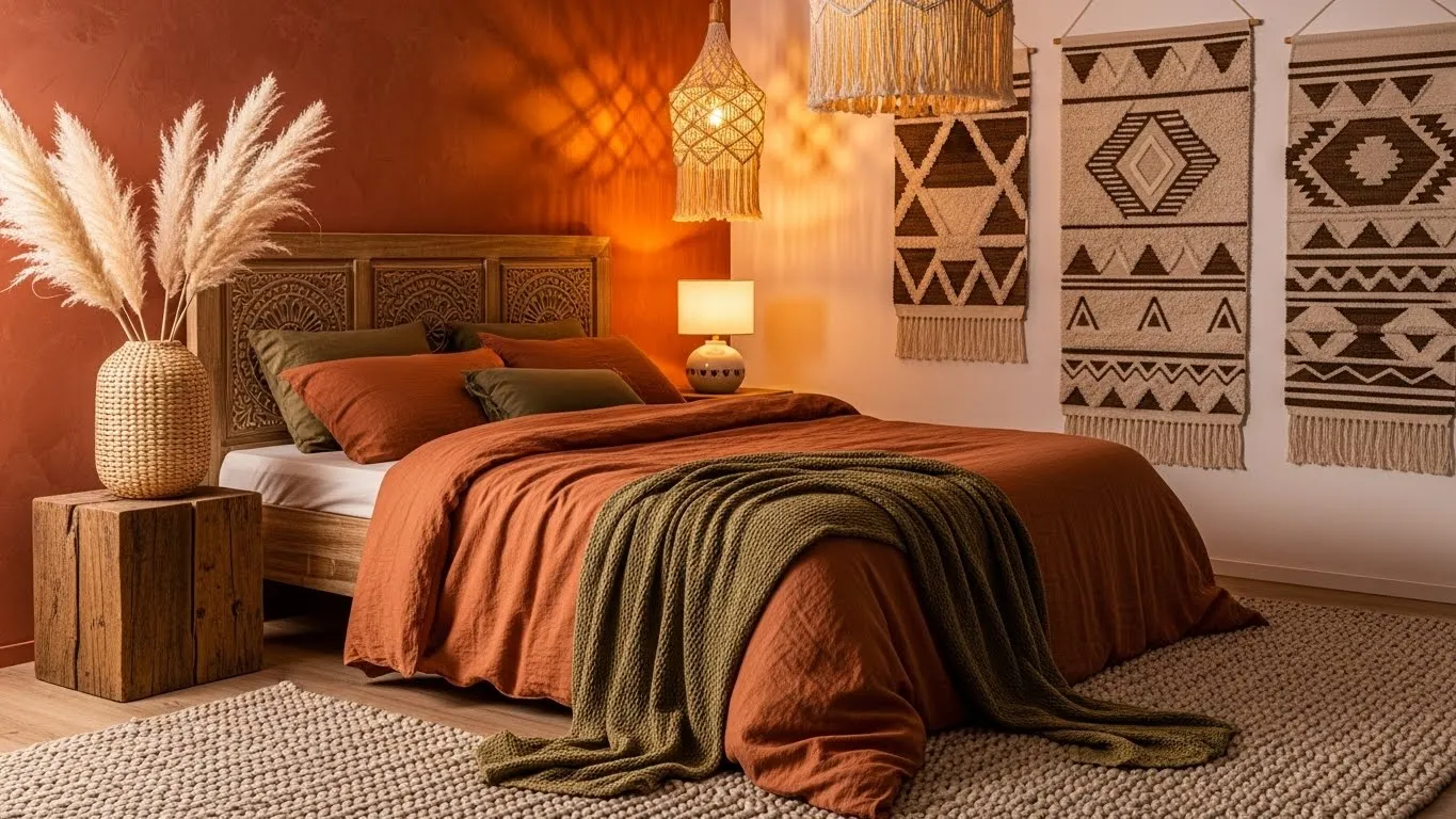 “Earthy boho bedroom ideas with warm neutrals, terracotta accents, natural wood, and woven decor.”