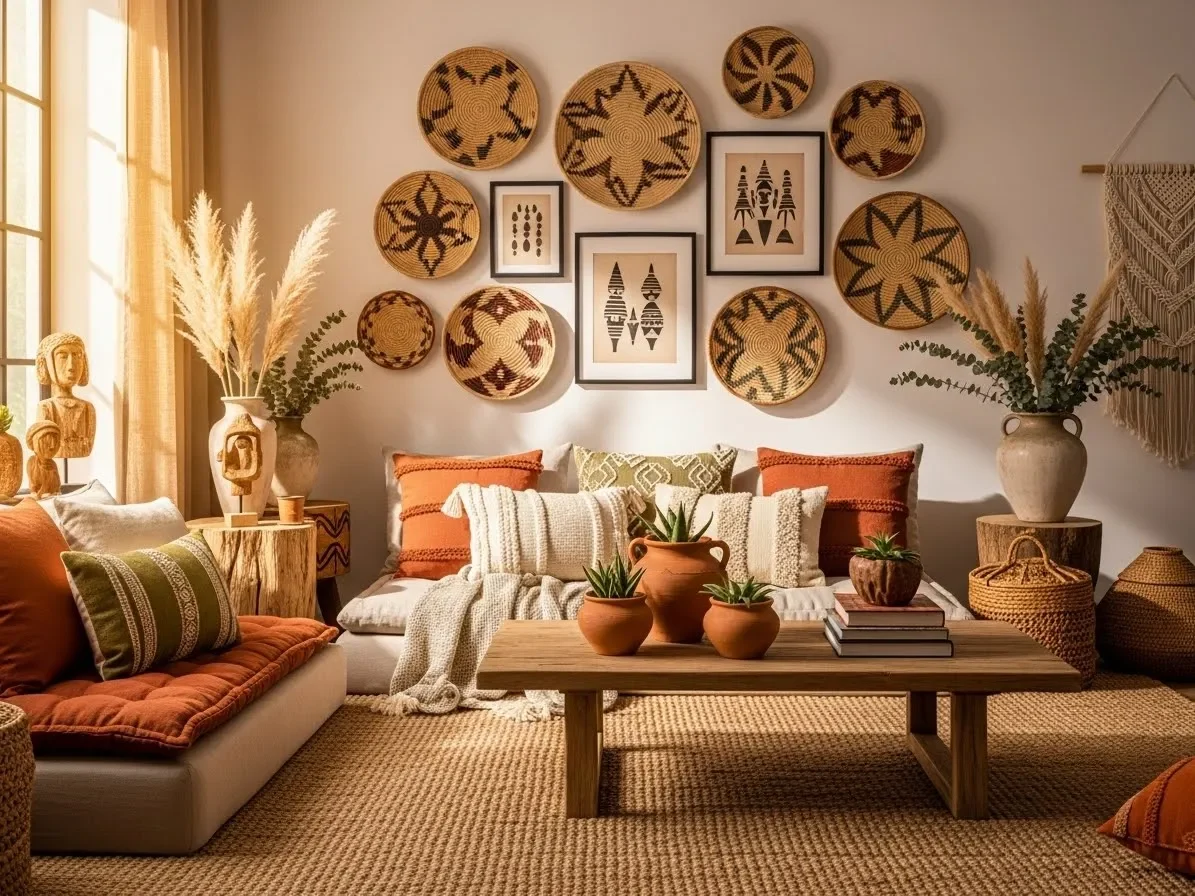 Earthy global-style boho living room with woven baskets, jute rug and natural textures.”