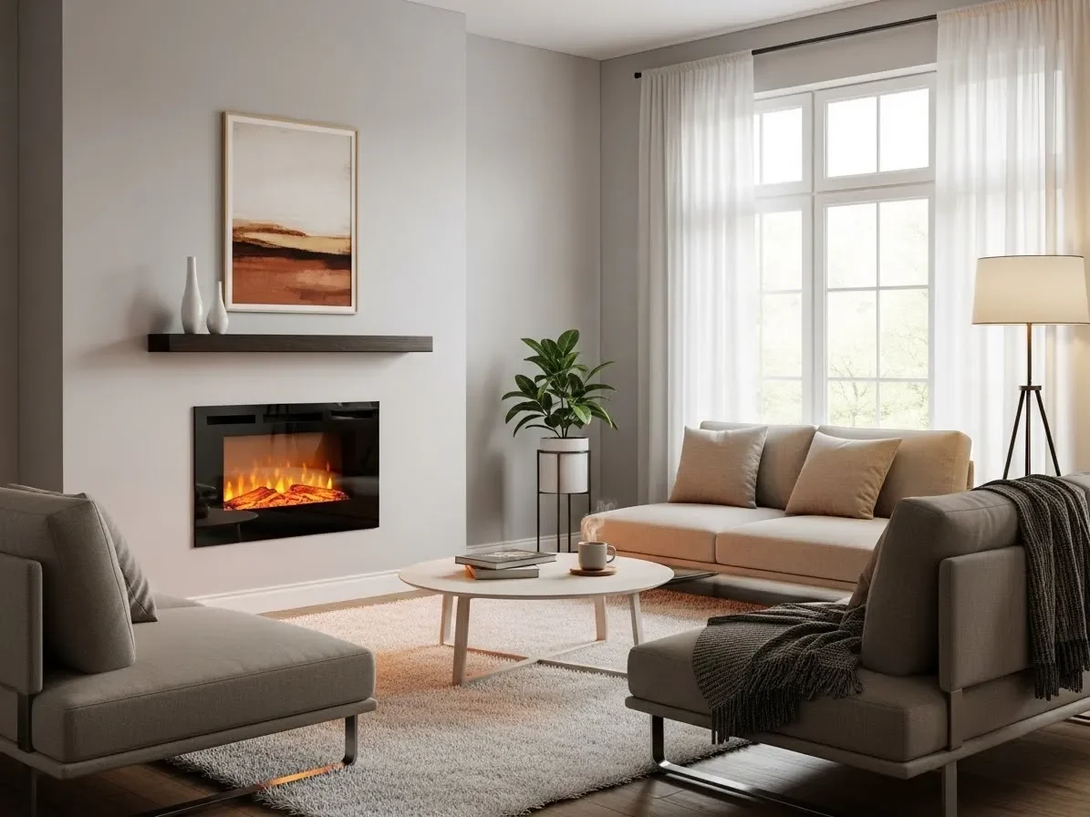 Cozy modern living room with wall-mounted electric fireplace, warm glow, and minimalist neutral decor.