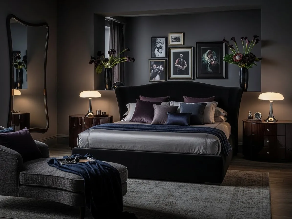 Elegant simple furniture in a dark feminine bedroom.