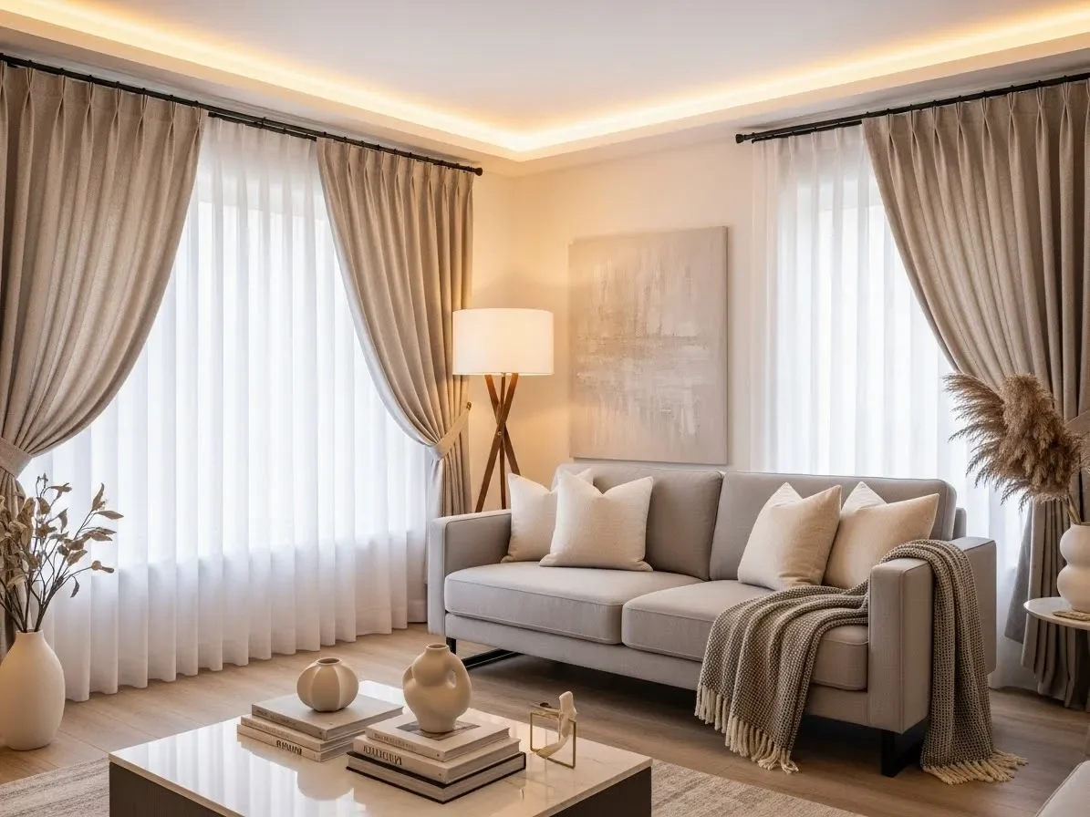 Living room with layered curtains, textured fabrics, and modern decorative accents.