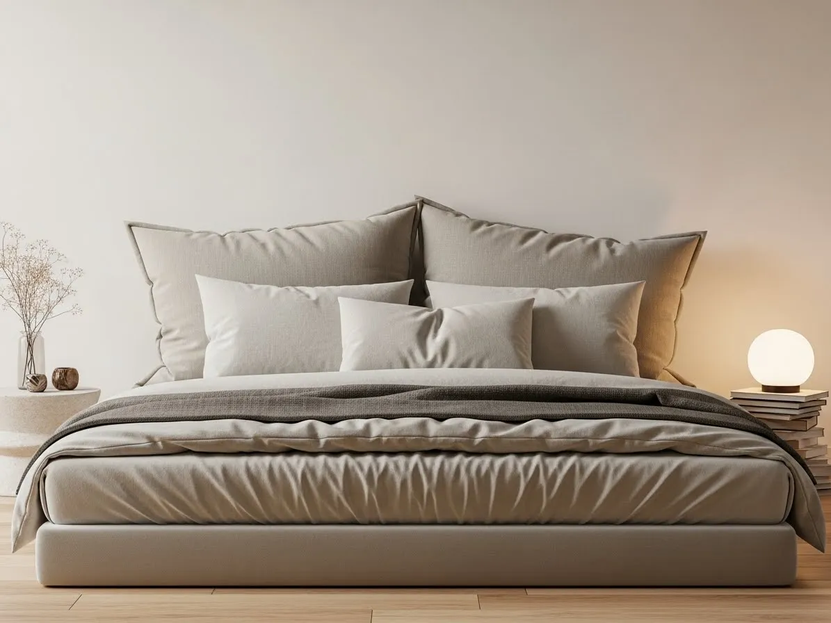 Bed without a headboard styled with layered euro pillows and neutral bedding against a plain wall.