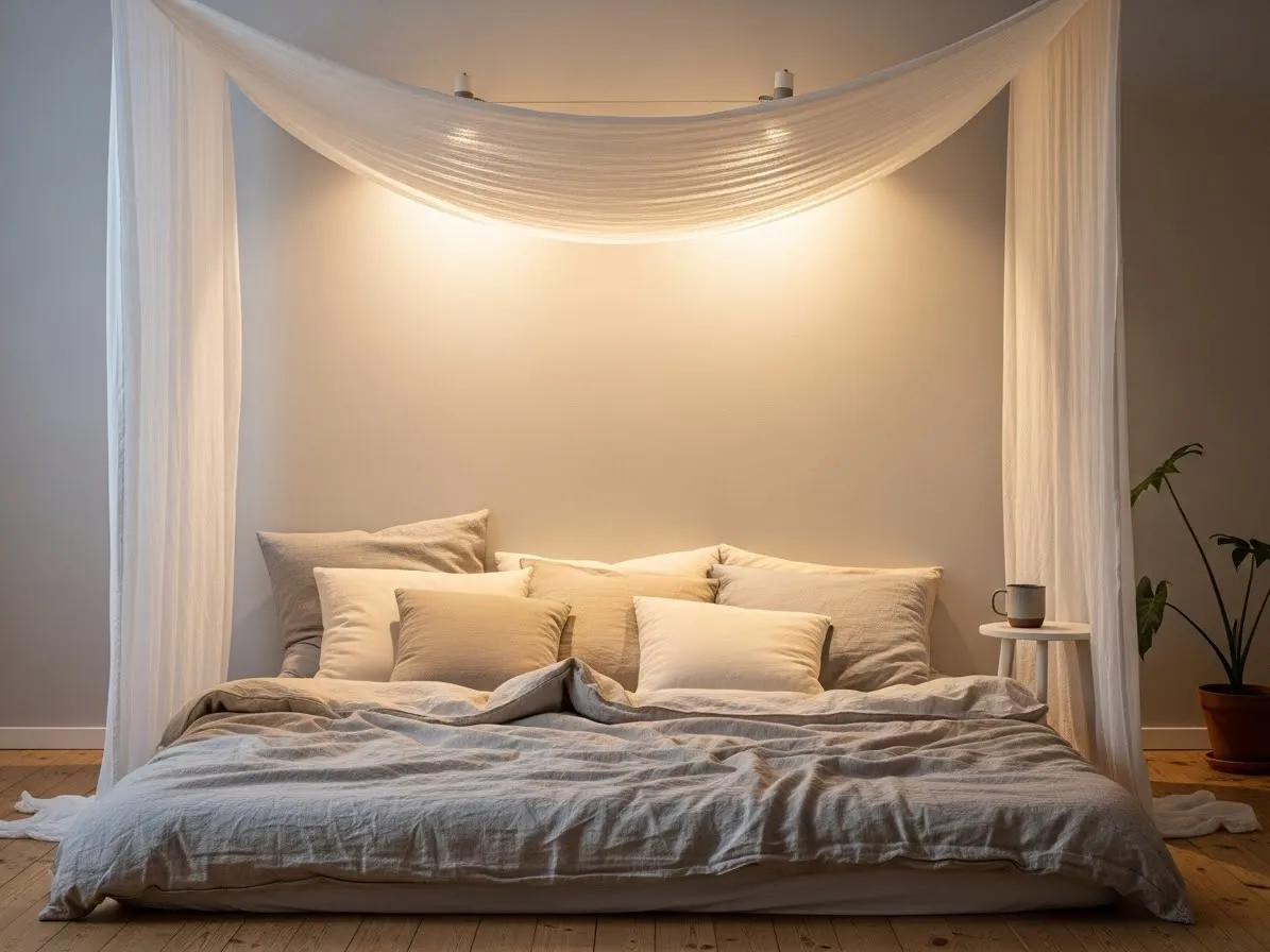 Headboard-free bed styled with ceiling fabric draping for a soft canopy look in a neutral bedroom.