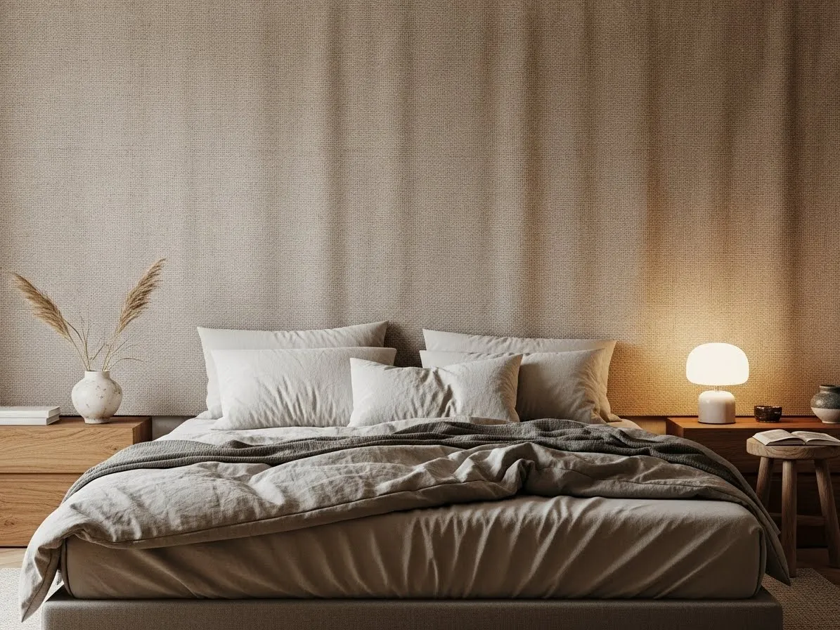 Headboard-free bed styled with ceiling fabric draping for a soft canopy look in a neutral bedroom.