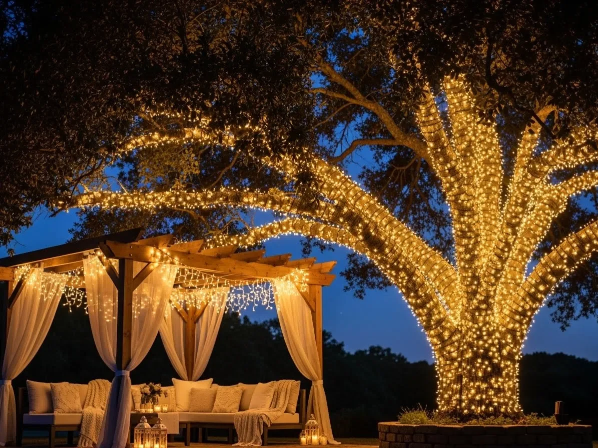 Fairy lights wrapped around a tree and pergola creating a magical outdoor glow.