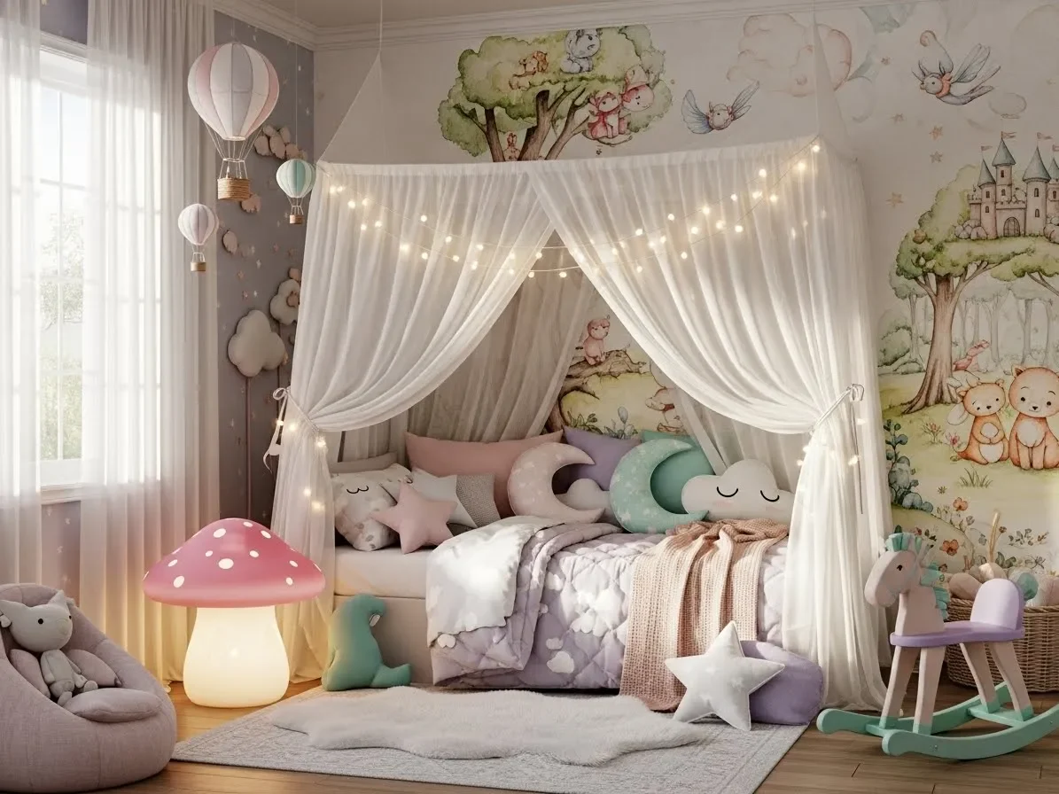 “Whimsical fairy-tale kids bedroom with a canopy bed, fairy lights, and dreamy pastel décor.”