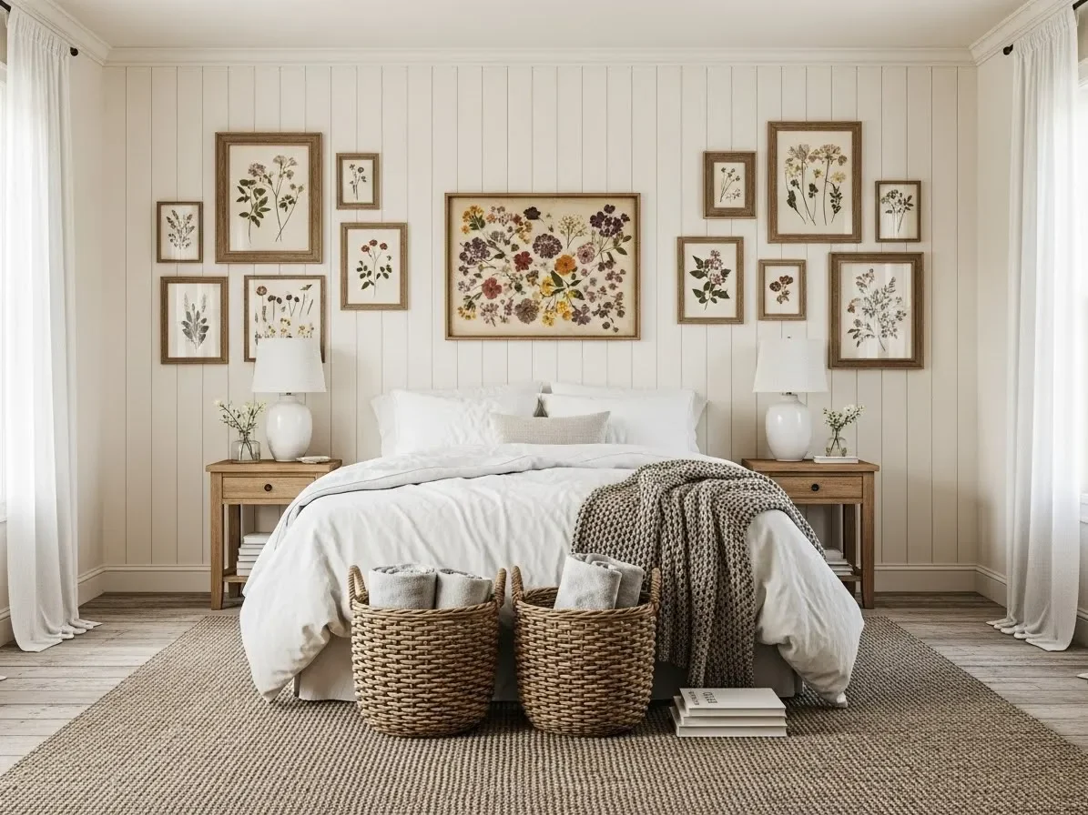 Farmhouse bedroom with botanical art, woven baskets, and simple rustic décor accents.