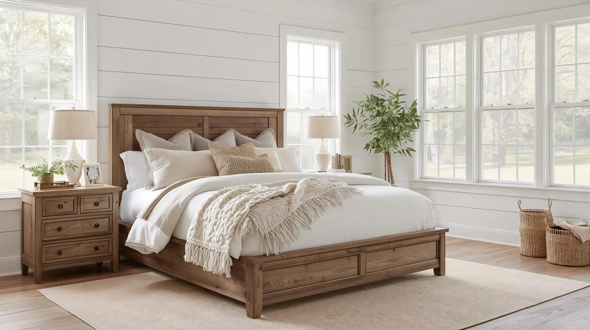 Cozy modern farmhouse bedroom with rustic wood furniture, neutral bedding, and bright natural light.