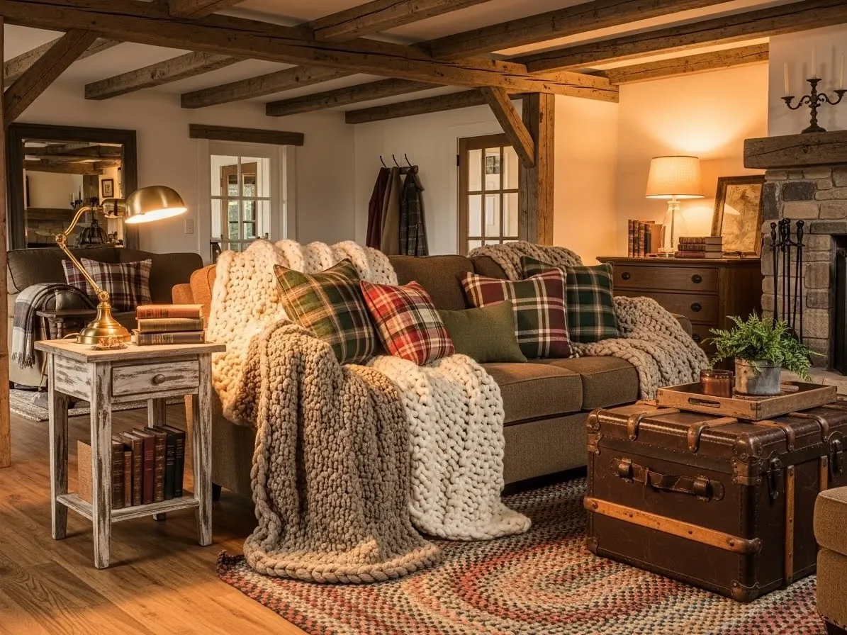 “Farmhouse living room with a brown couch, rustic wood accents, and cozy layered textures.”