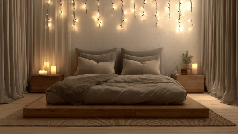 Cozy minimalist bedroom with warm fairy lights above a bed without a headboard and neutral bedding.