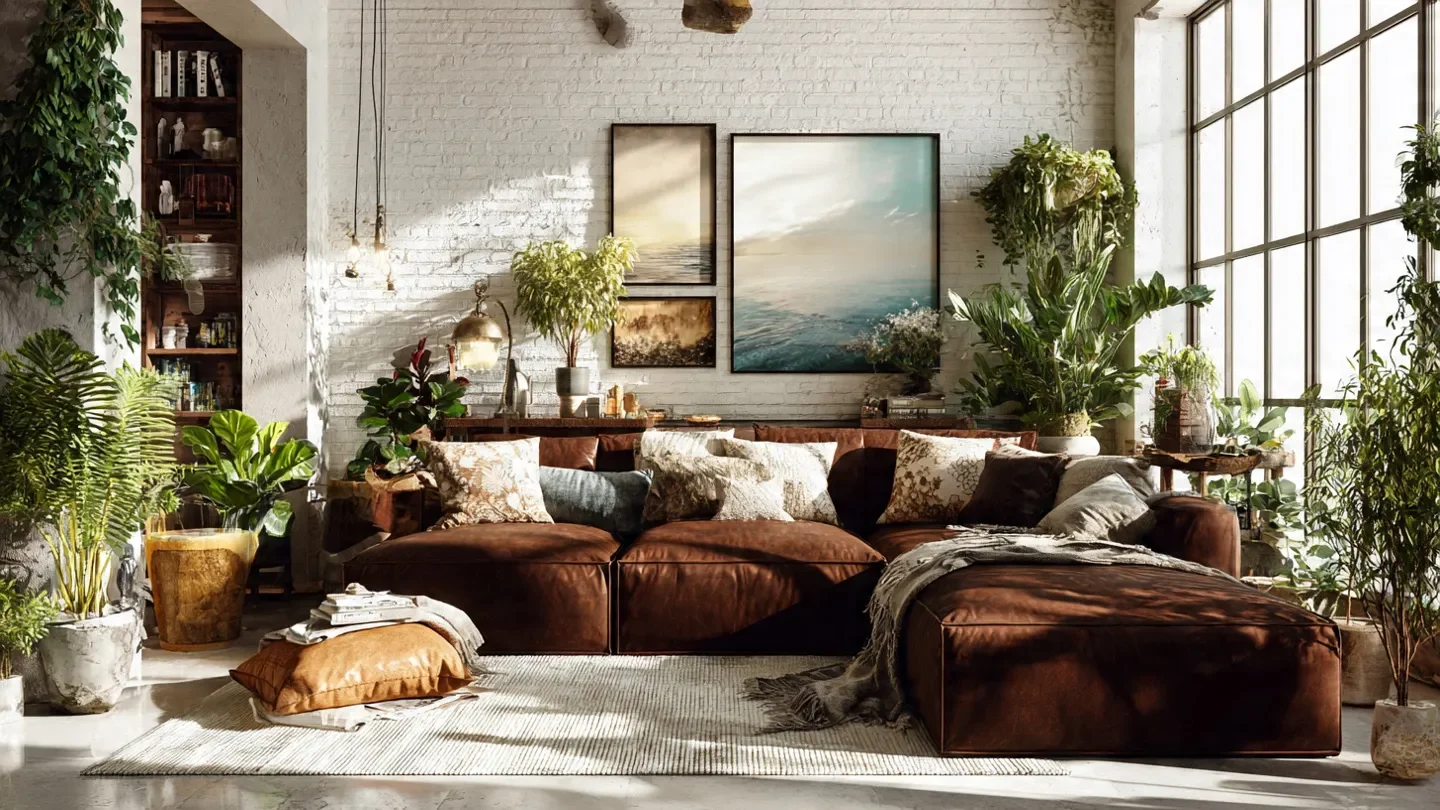 “Featured modern living room with a brown couch styled with plants, textures, and neutral décor.”