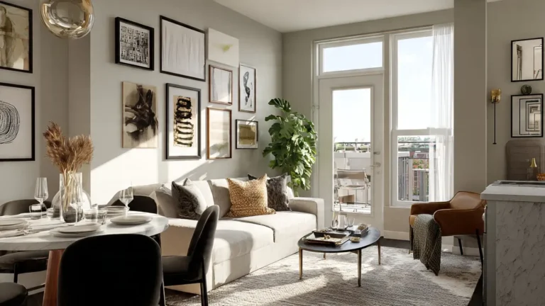 “Bright small living and dining room combo with neutral decor, round dining table, cozy sofa, and modern open layout.”