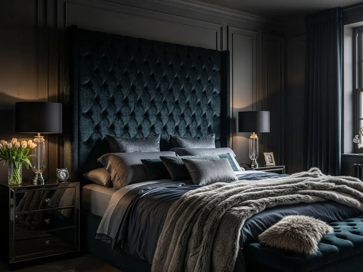 Tufted upholstered headboard adding softness to a dark feminine bedroom.
