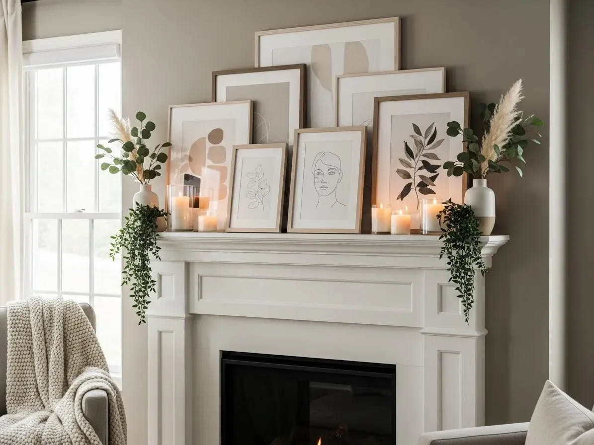 Styled mantel with layered frames, candles, greenery, and neutral decor in soft natural daylight.