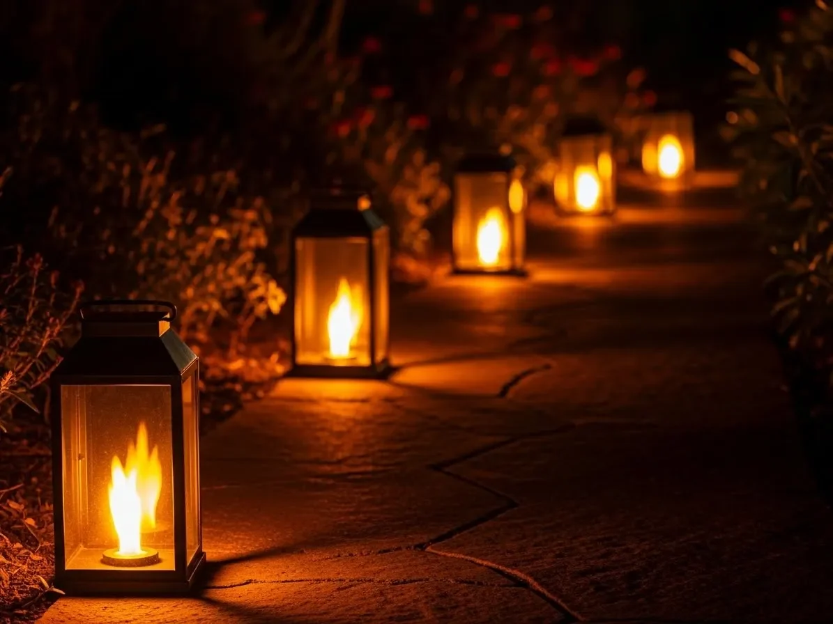 Flame-effect lantern lights adding warm ambiance to a garden path.