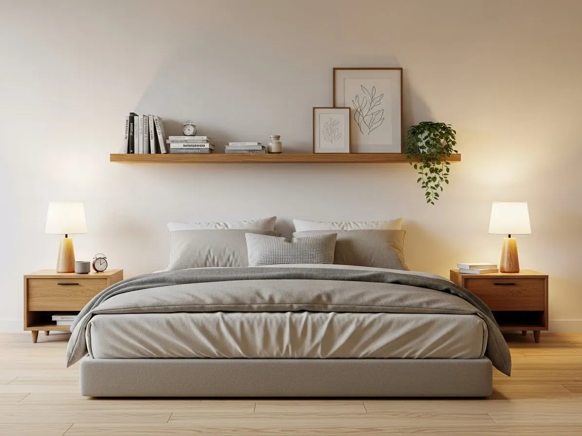 Floating shelf above a bed with no headboard styled with minimal decor in a warm neutral bedroom.