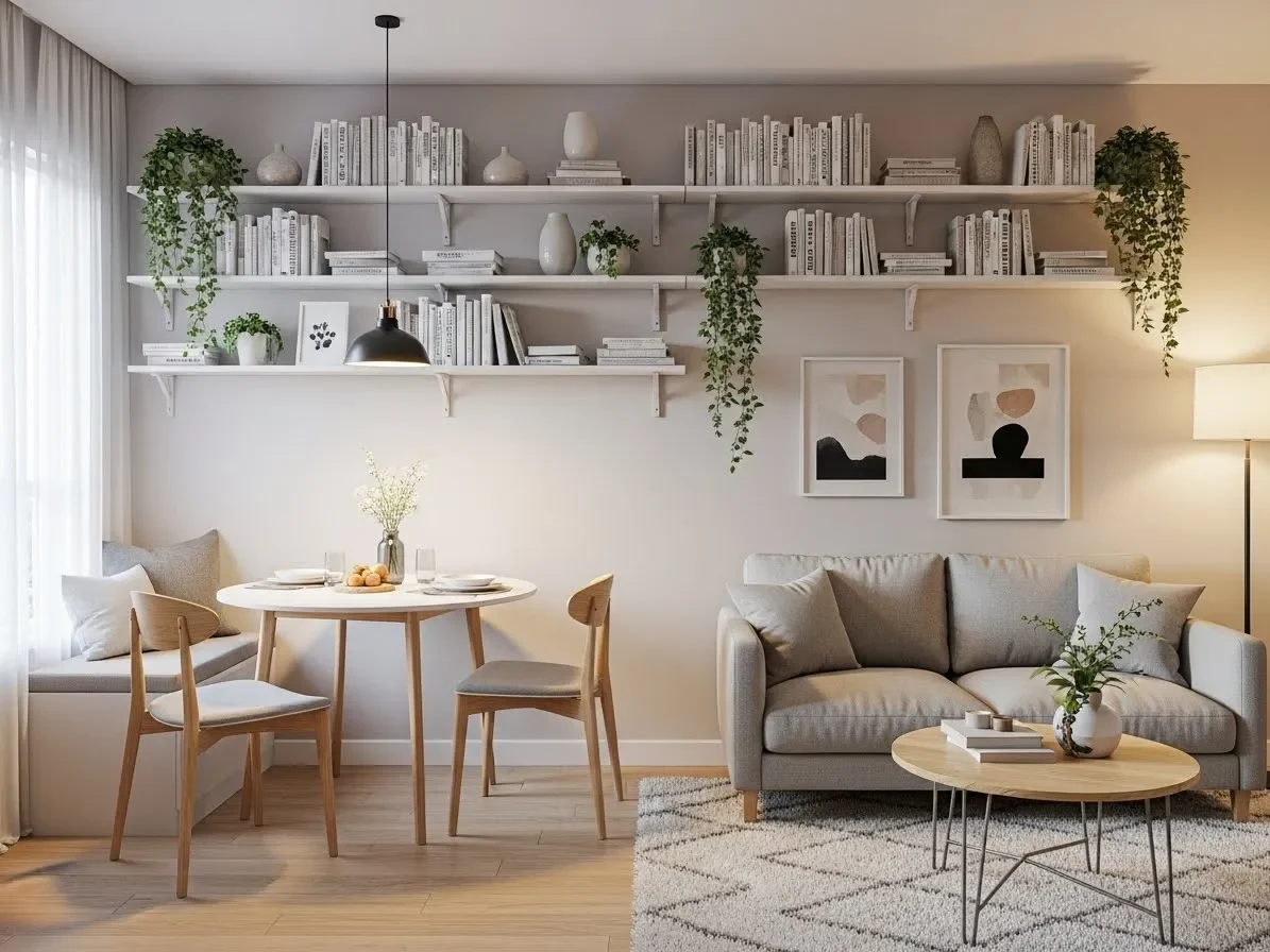 “Wall-mounted floating shelves in living dining combo, holding books and decor — saving floor space.”