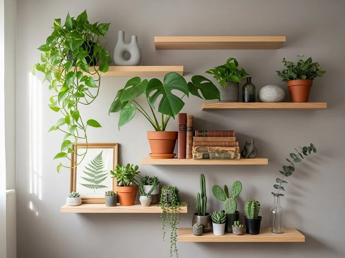 Floating shelves on a wall decorated with indoor plants and small decor items.
