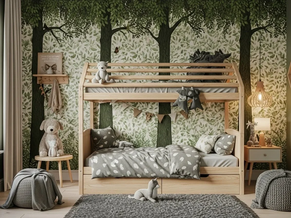 “Nature-themed kids bedroom with woodland décor and calming earthy tones.”