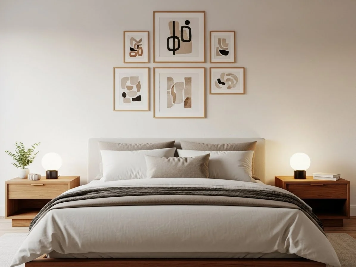 Gallery wall above a bed without a headboard in a cozy minimalist bedroom with neutral decor.