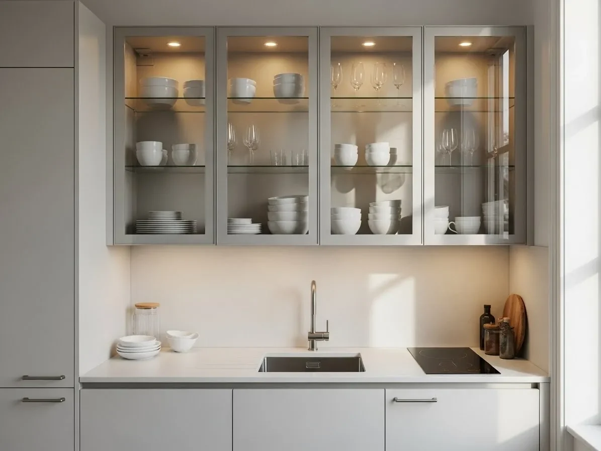 “Glass cabinet doors creating depth and openness in a small kitchen.”