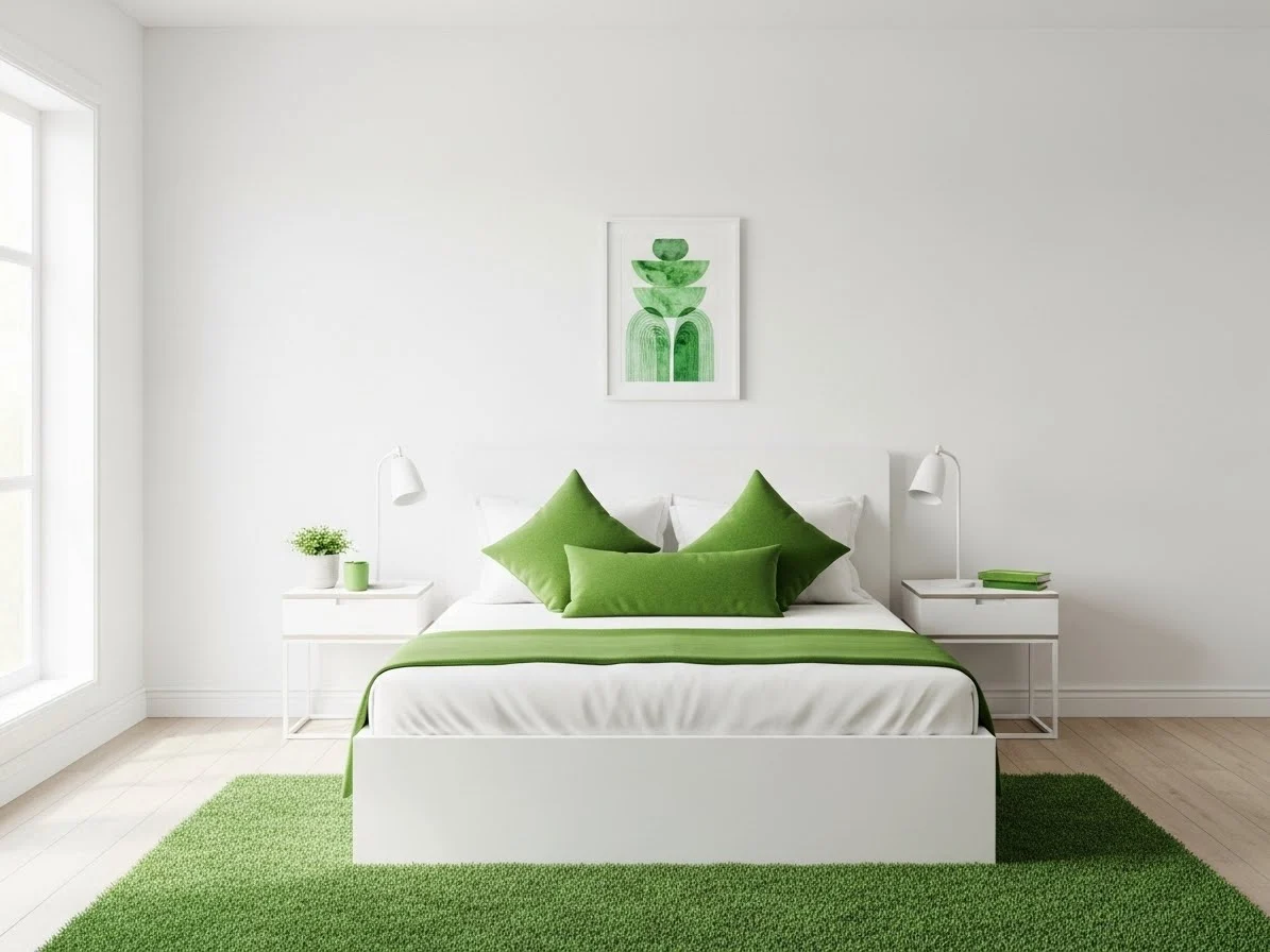 Green and white bedroom with white furniture and green accents for a fresh and balanced design.