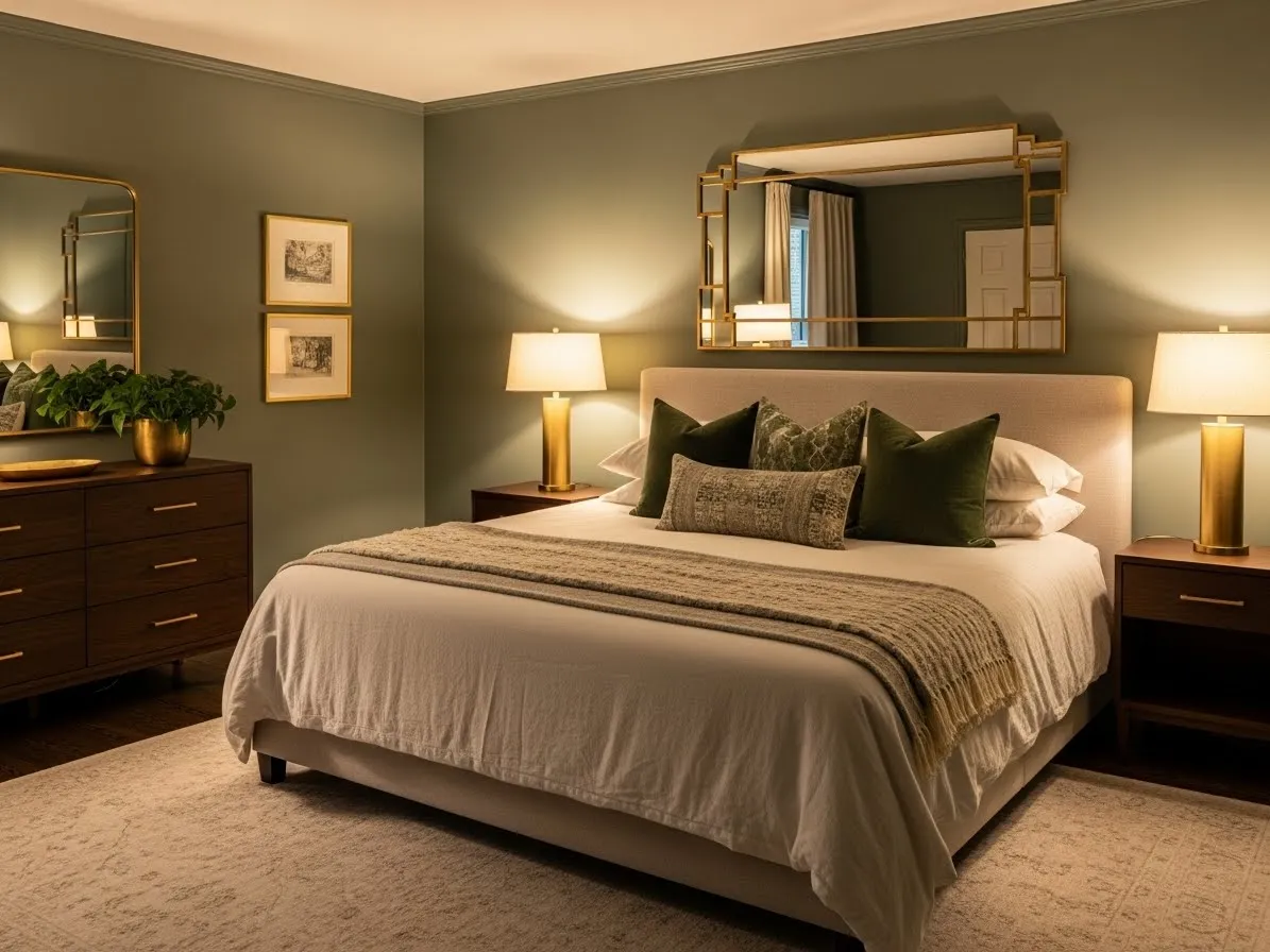 Green bedroom with brass lamps and gold accents paired with cream bedding for an elevated look.