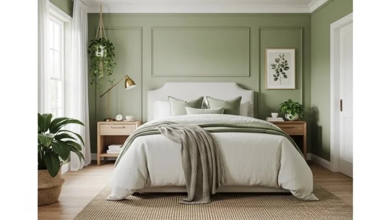 Green bedroom with sage walls, white bedding, wood furniture, indoor plants, and brass accents for a calm, stylish retreat.