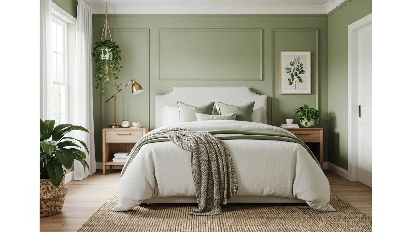 Green bedroom with sage walls, white bedding, wood furniture, indoor plants, and brass accents for a calm, stylish retreat.