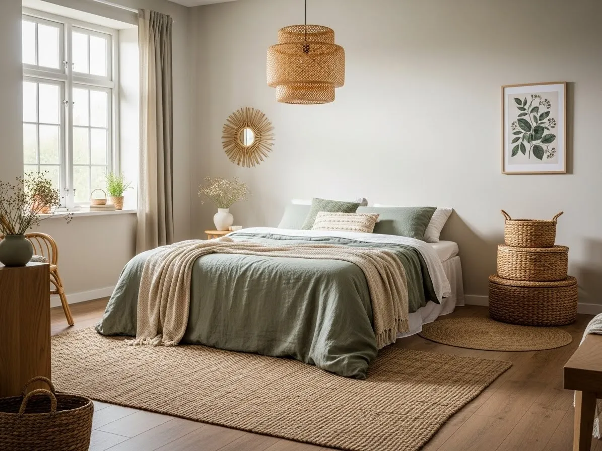 Green bedroom with rattan lighting, woven baskets, and a jute rug for a soft organic look.