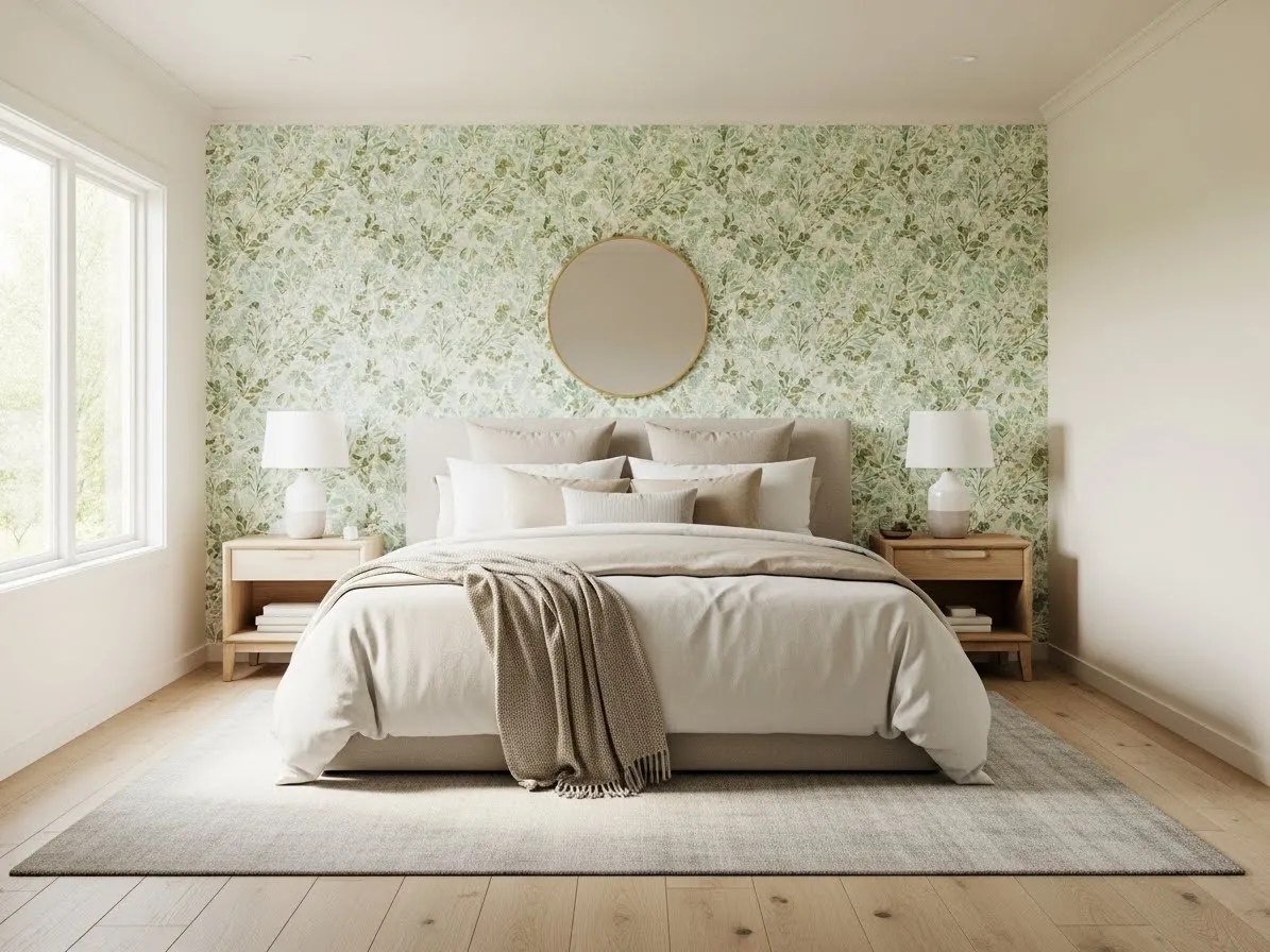 Bedroom with a green patterned wallpaper accent wall behind the bed and neutral bedding.