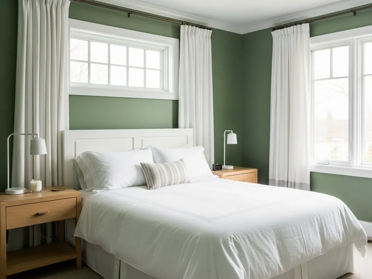 Bedroom with green walls and crisp white trim, styled with white bedding and light wood furniture.