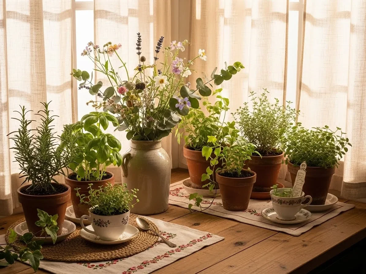 Cottage kitchen corner with potted herbs, plants, and flowers for natural cottage home decor.