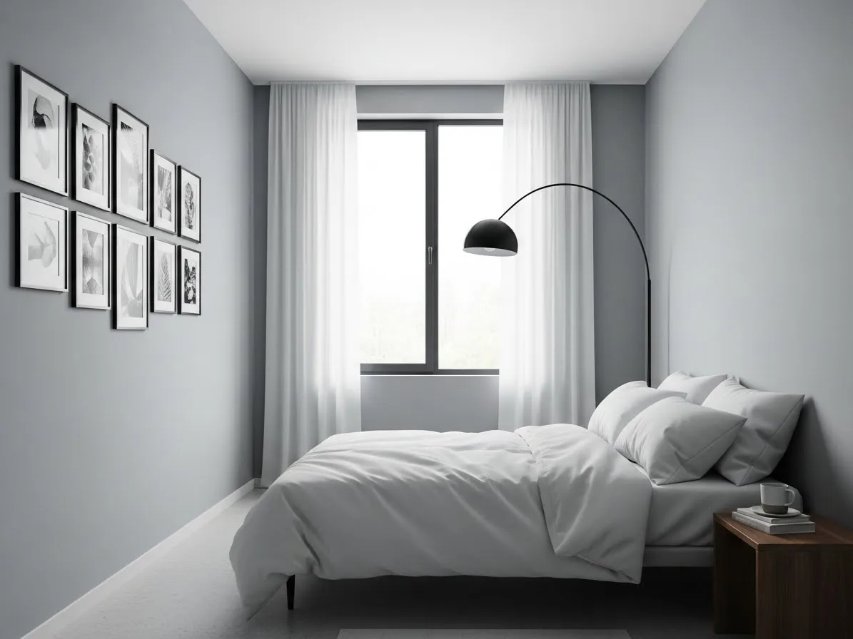 A modern look showing grey bedroom ideas with black accents for clean contrast and style.