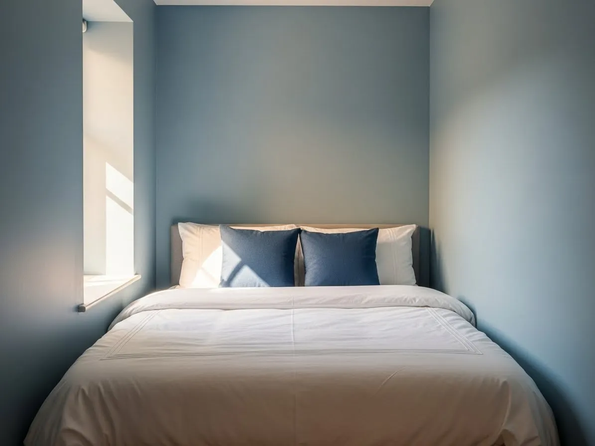 : A soothing bedroom featuring grey bedroom ideas with blue-grey walls and crisp white linens.