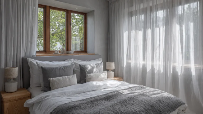 A calm and stylish bedroom showcasing grey bedroom ideas with greige walls, layered bedding, warm lighting, and natural wood accents.
