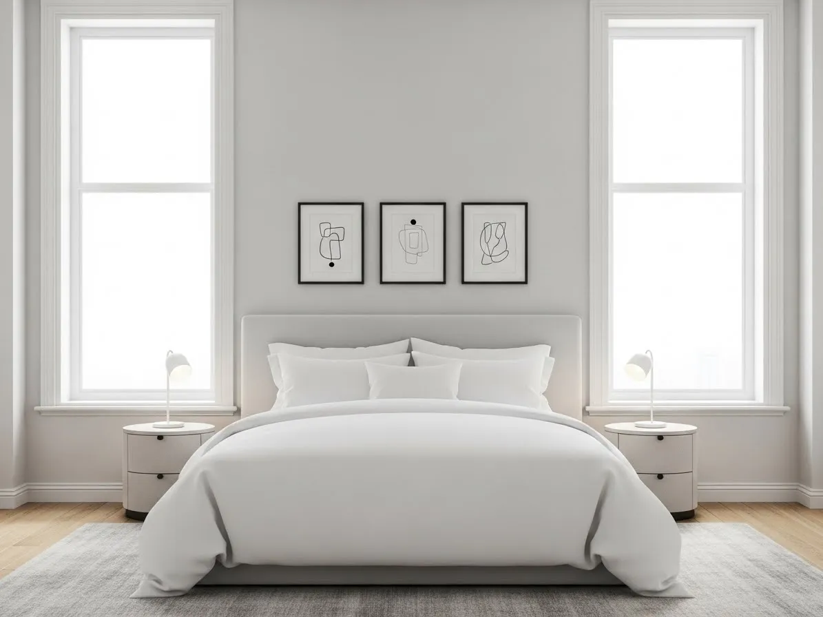 A bright space styled with grey bedroom ideas using light grey walls and clean white bedding.