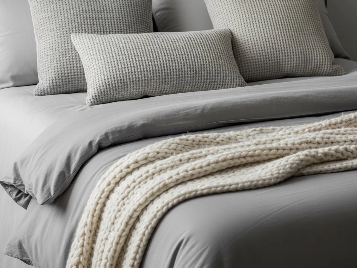 A layered bed scene featuring grey bedroom ideas with mixed textures and cozy grey bedding.