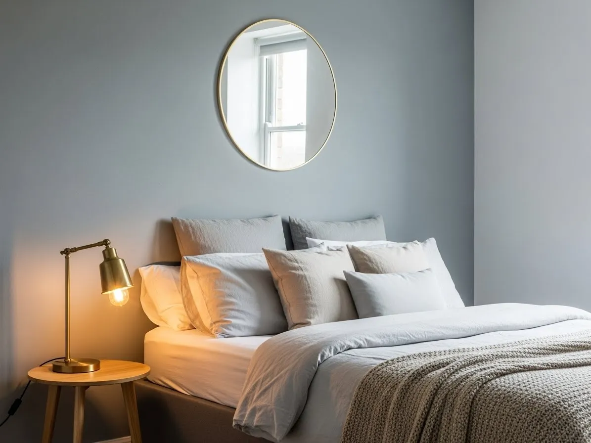 A polished space featuring grey bedroom ideas with brass accents that add warmth and shine.