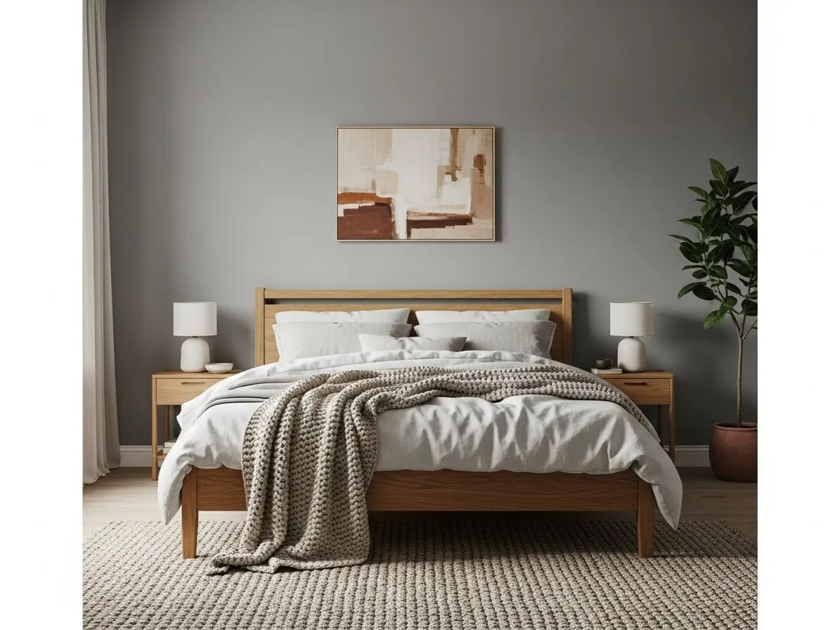 A warm setup demonstrating grey bedroom ideas with natural wood furniture and soft neutral textures.