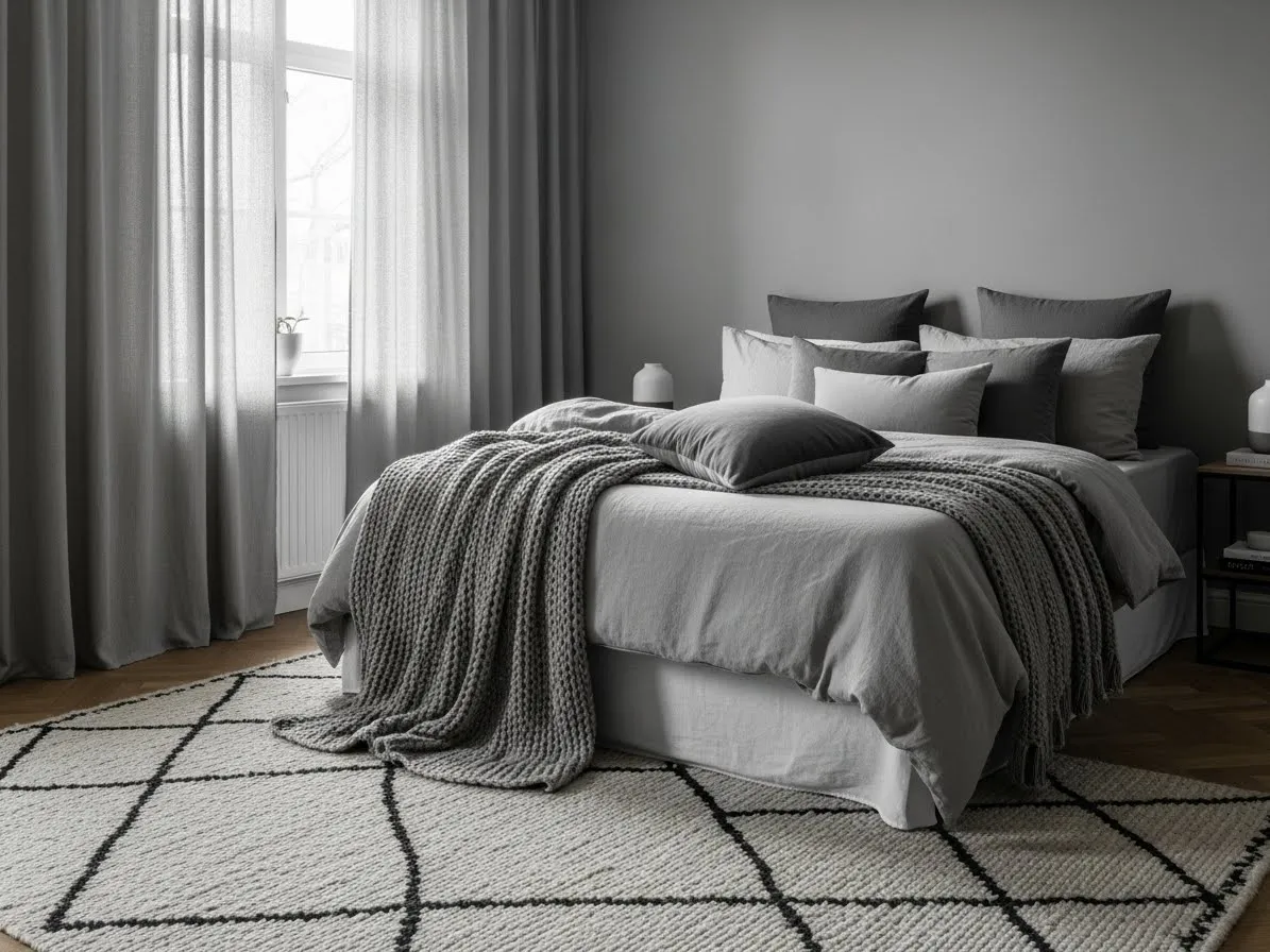 A textured room showcasing grey bedroom ideas using linen, woven, and velvet layers for warmth.