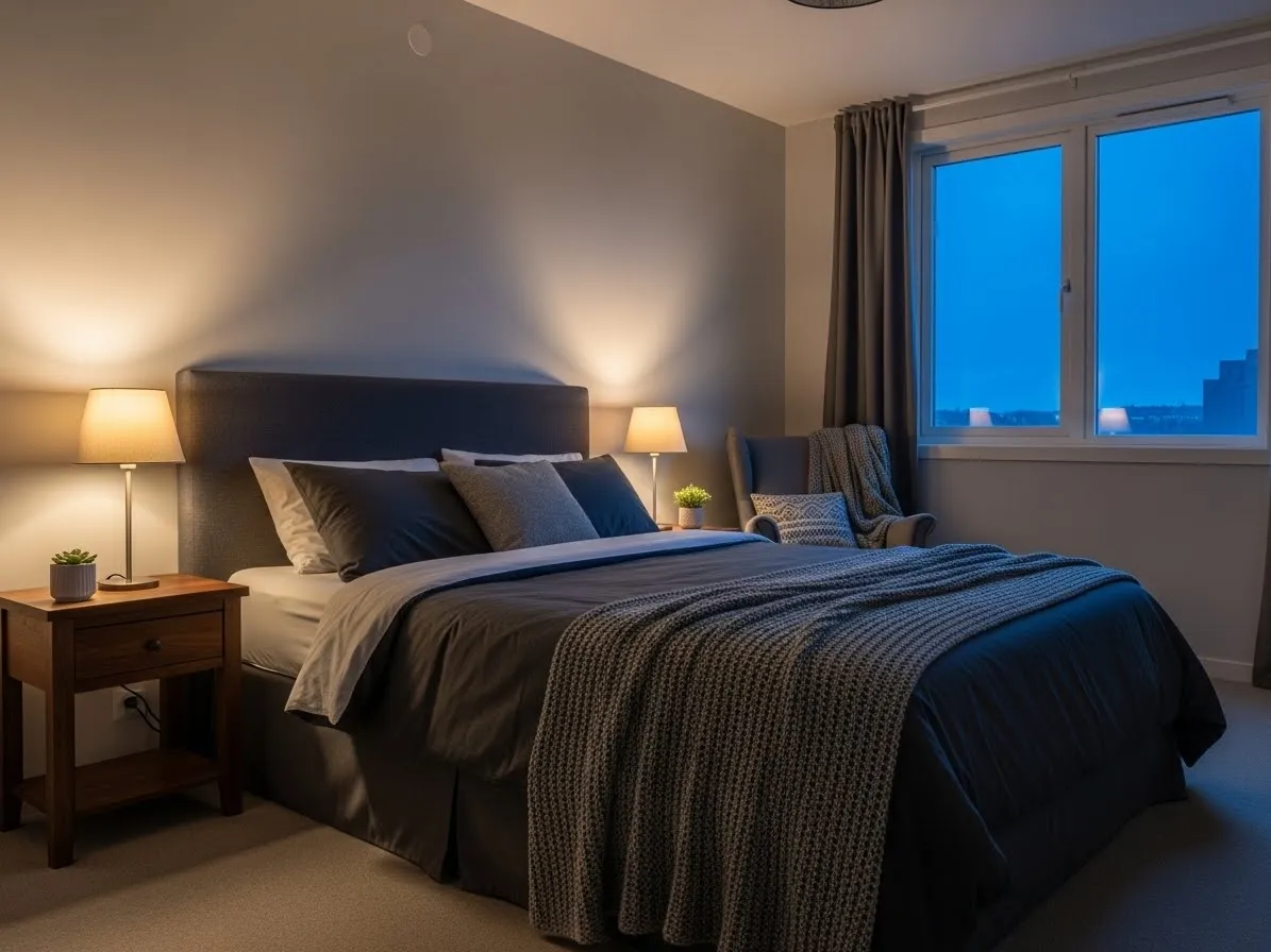 A cozy nighttime scene showing grey bedroom ideas enhanced by warm lighting and soft layers.