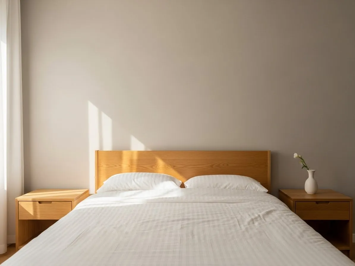 A warm greige bedroom showing grey bedroom ideas with cozy undertones, white bedding, and wood accents.