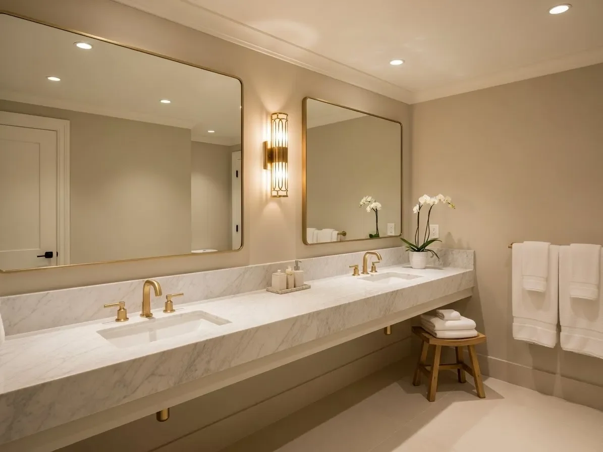 Modern guest bathroom with floating vanity, gold faucet, neutral walls, and warm lighting highlighting guest bathroom ideas that make a big difference.