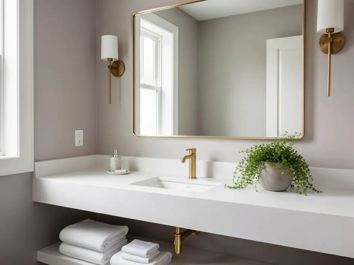 Modern guest bathroom with neutral walls, large mirror, gold fixtures, and natural light showcasing a bright and airy design for guest bathroom ideas.