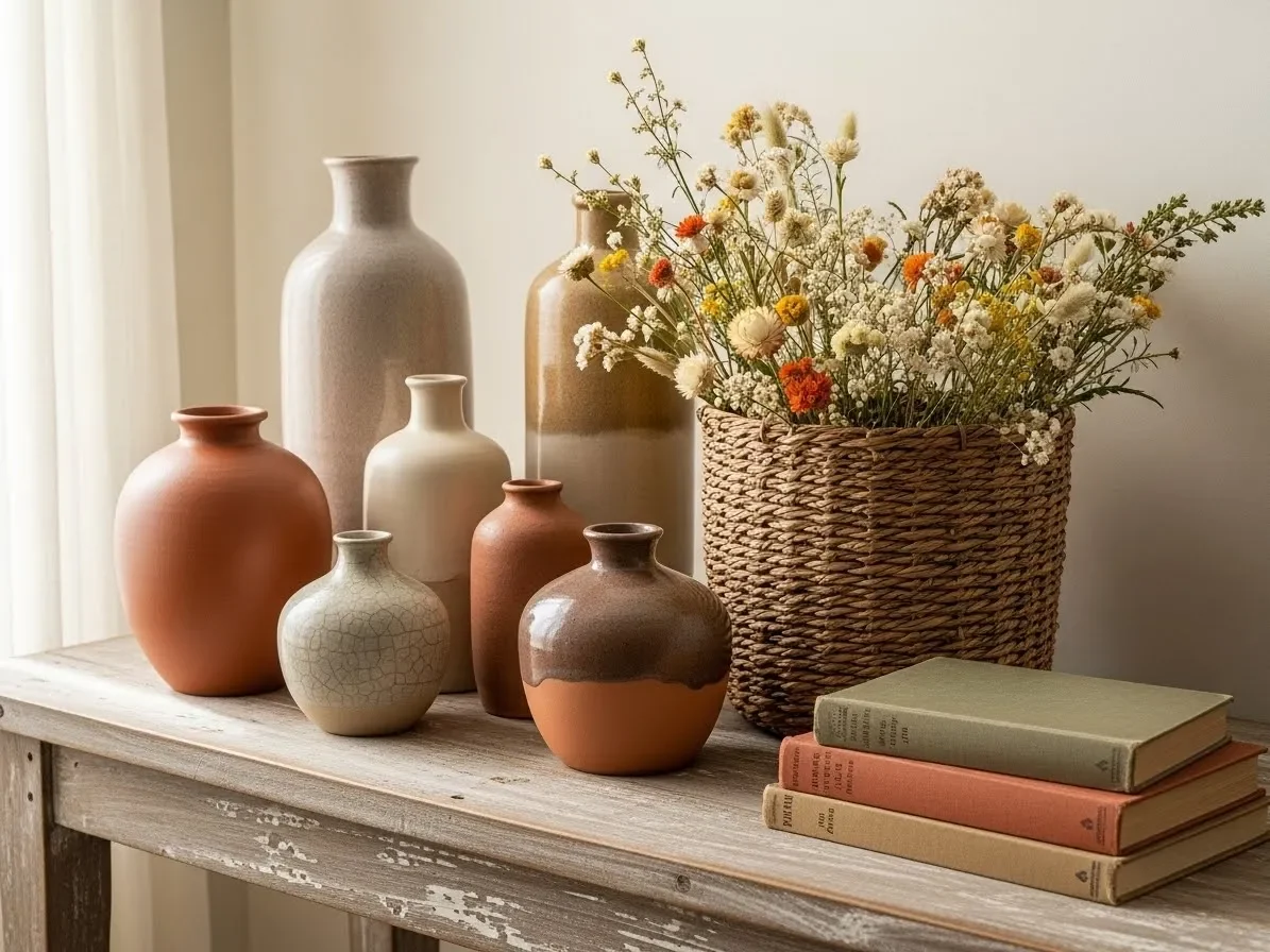 Wooden console decorated with handmade pottery, dried flowers, and earthy cottage home decor accents.