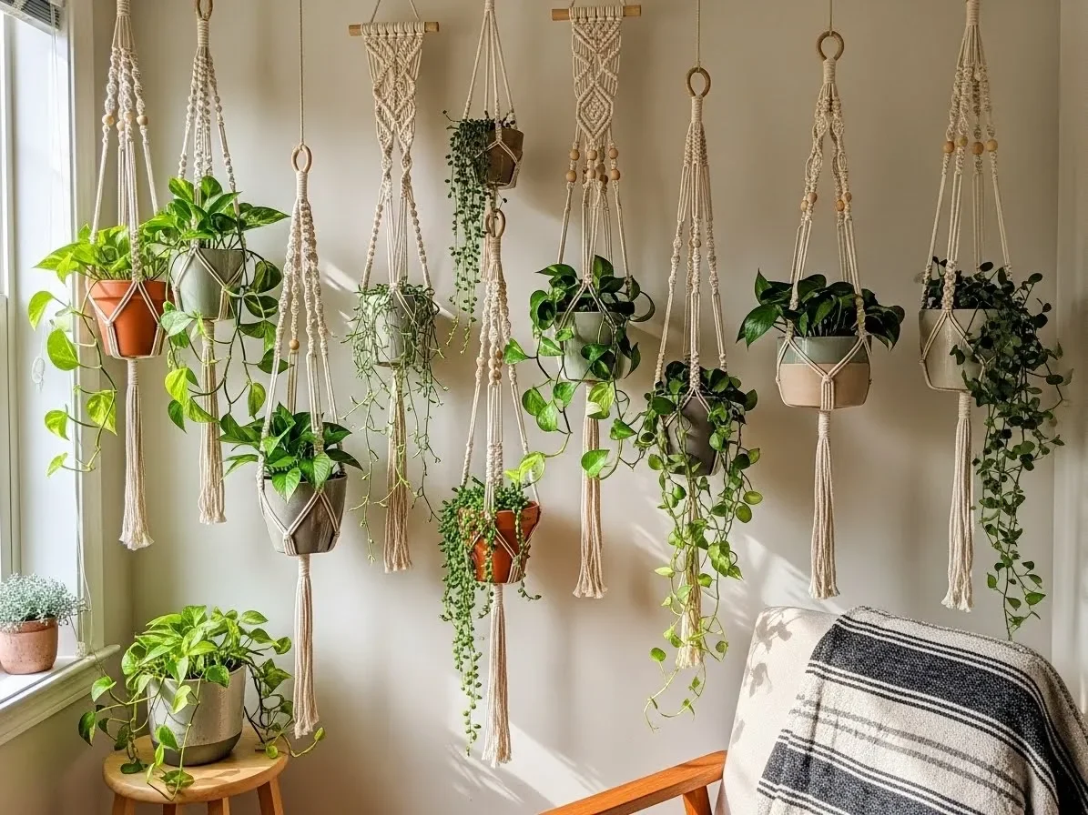 A boho-style indoor wall with macramé hanging planters and trailing green plants.
